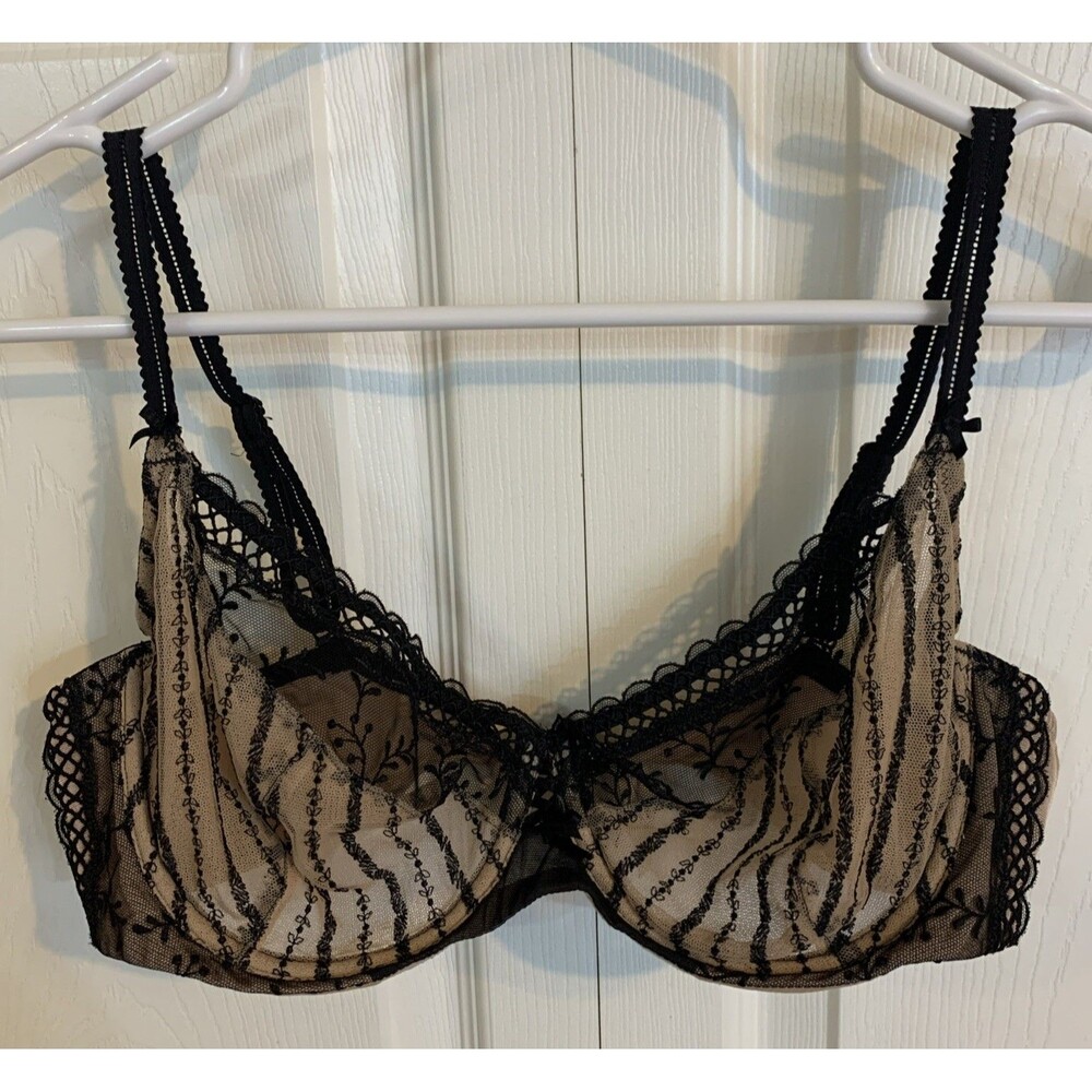 Vintage VS Victorias Secret Unlined Lace Balconette Bra 36C Black Nude